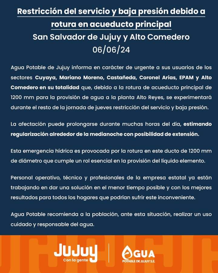 Jujuy: restricción del servicio de agua por ruptura de acueducto principal