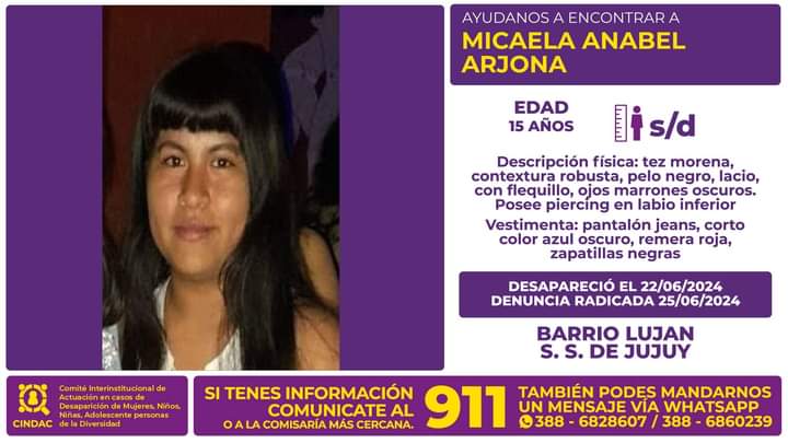 Jujuy: se busca a Micaela Anabel Arjona